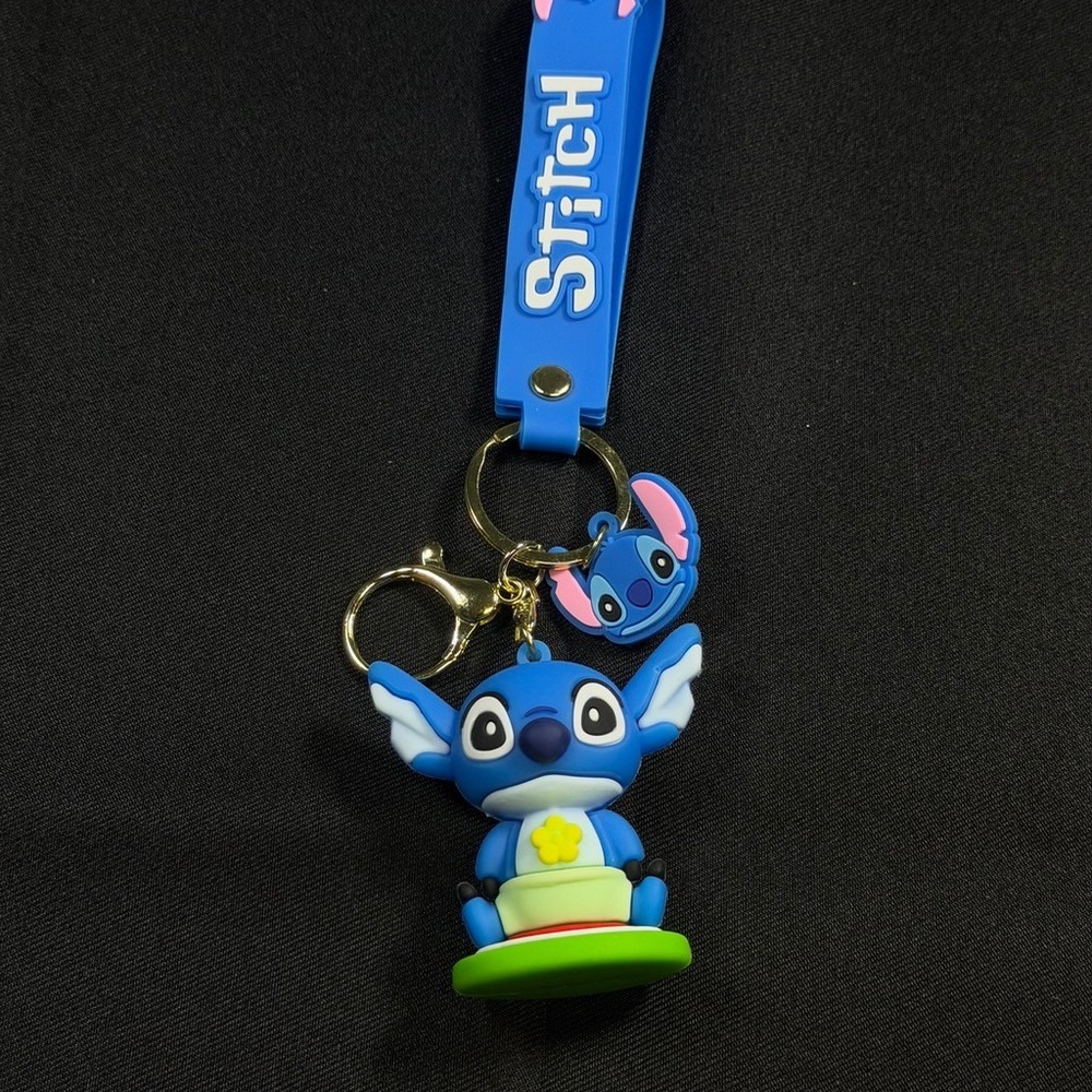 Disney Lilo and Stitch Rubber Keychain 3D Figure with Wristlet Strap Blue